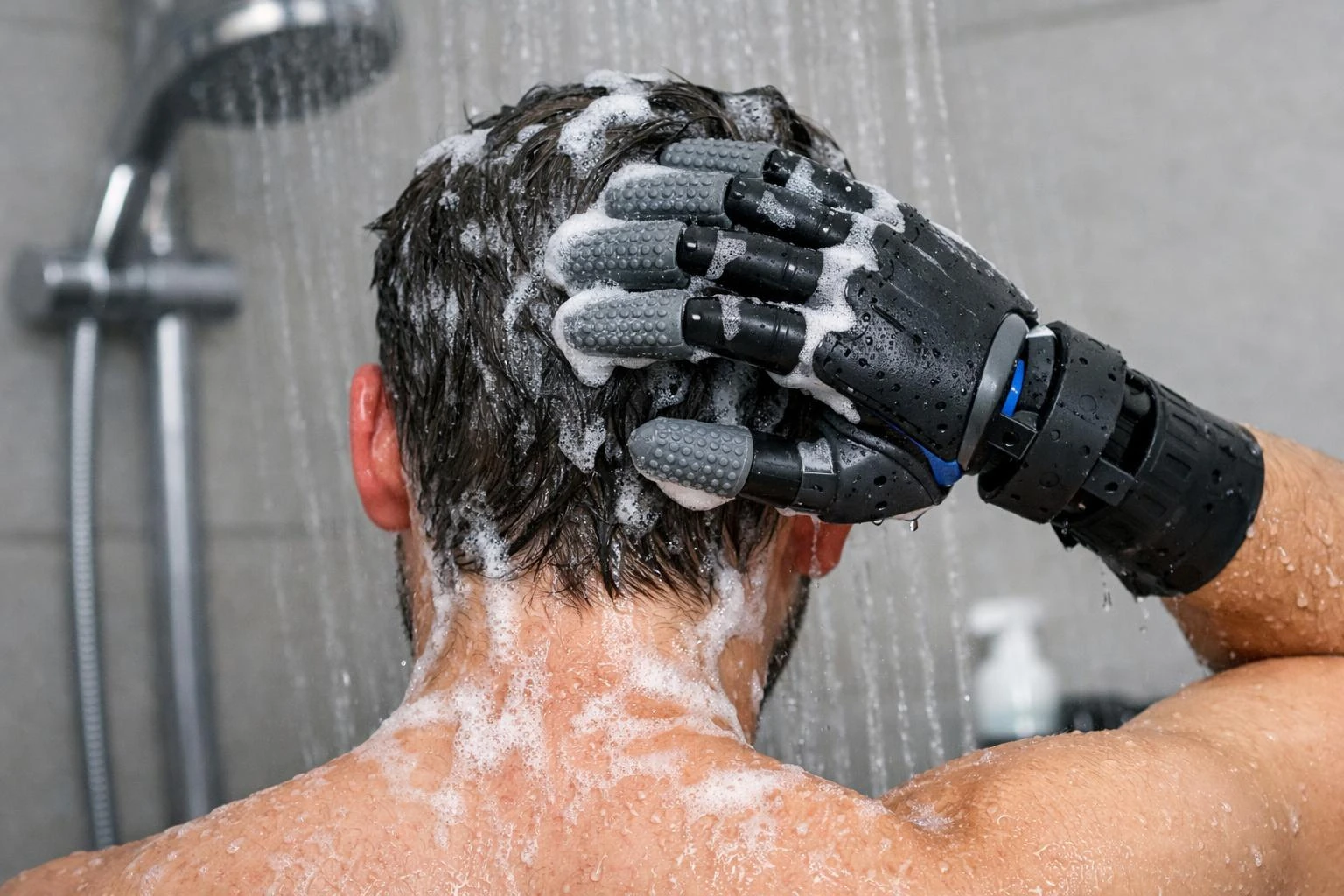 Lachende man met armprothese